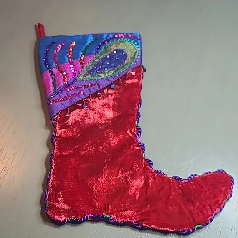 Pier 1 Red Velvet Beaded Stocking With Silver Metal Raindeer Hanger